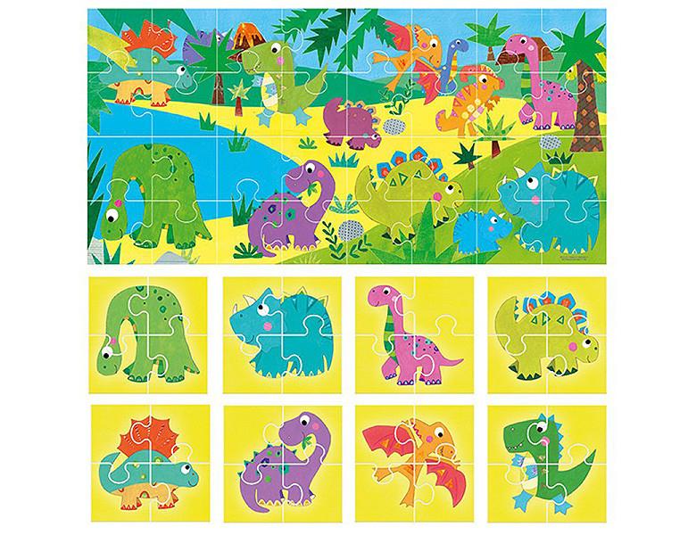 HEADU  Puzzle Dinosaurier 8+1 grosse doppelseitige Bilderkarten (32Teile) 