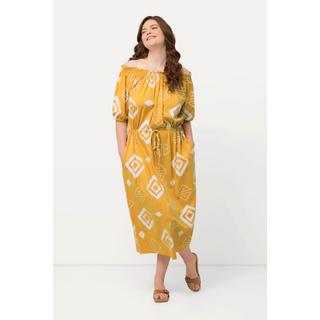 Ulla Popken  Robe maxi en coton bio, manches courtes, décolleté en V et encolure Carmen 