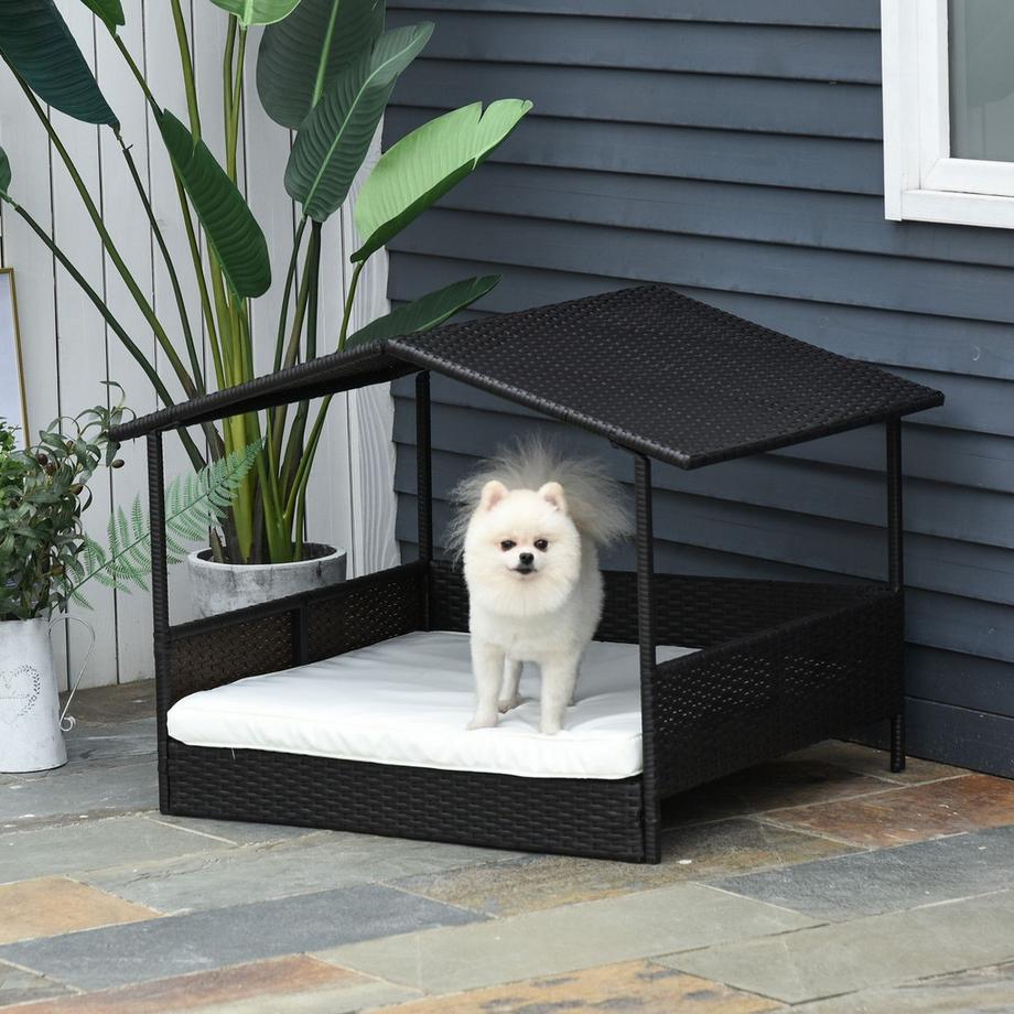 Northio  Rattan Hundehaus Mit Kissen, Hundebett Im Hausform, Outdoor Hundehütte, Stahlrahmen, Pp, Kaffee-Braun, 98 X 69 X 73 Cm 