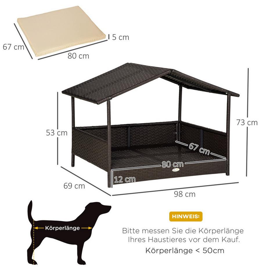 Northio  Rattan Hundehaus Mit Kissen, Hundebett Im Hausform, Outdoor Hundehütte, Stahlrahmen, Pp, Kaffee-Braun, 98 X 69 X 73 Cm 