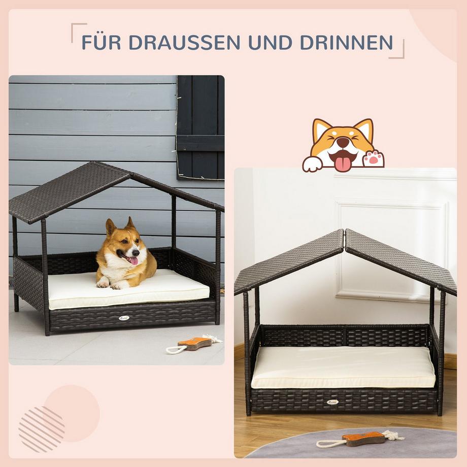Northio  Rattan Hundehaus Mit Kissen, Hundebett Im Hausform, Outdoor Hundehütte, Stahlrahmen, Pp, Kaffee-Braun, 98 X 69 X 73 Cm 