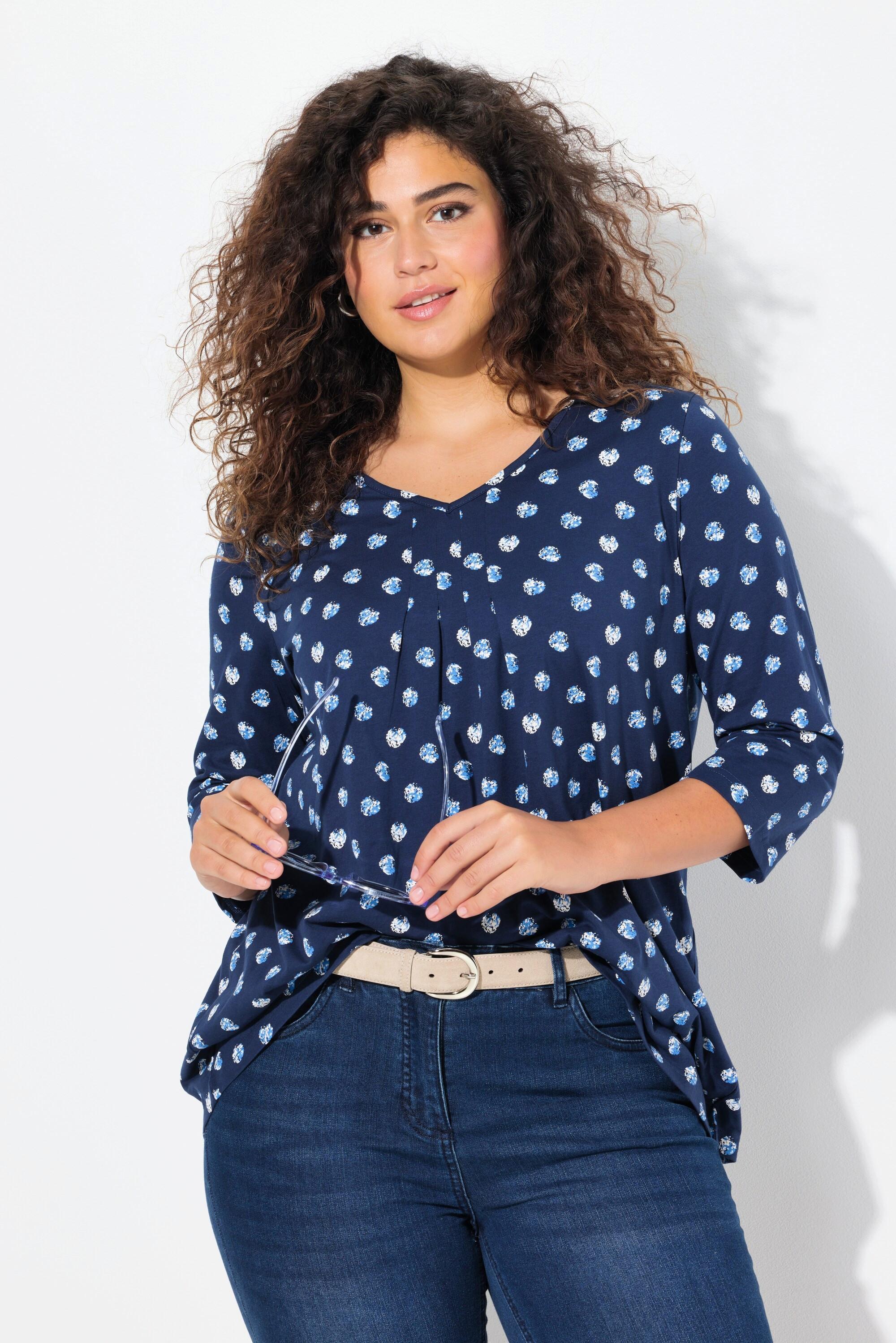 Ulla Popken  Shirt, Punkte, A-Linie, Zierfalten, V-Ausschnitt, 3/4-Arm 