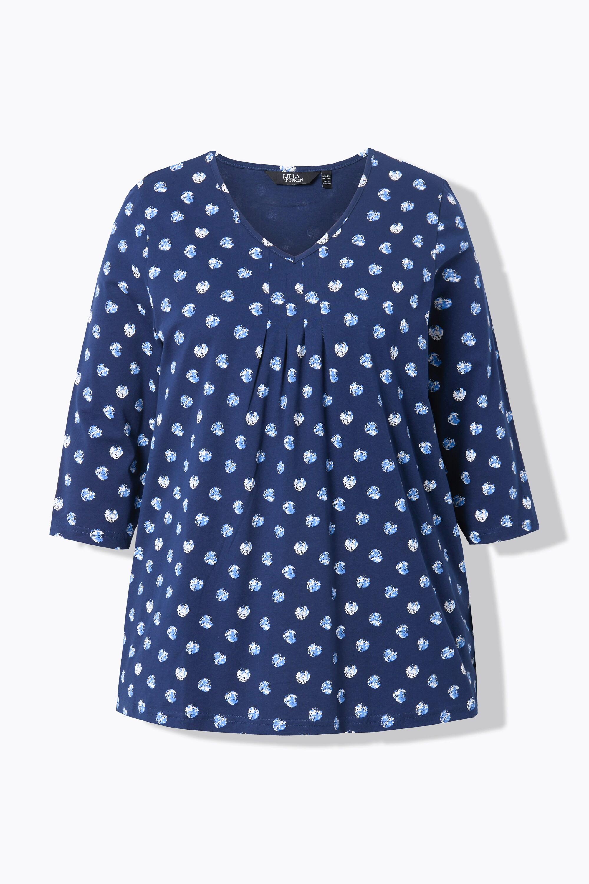 Ulla Popken  Shirt, Punkte, A-Linie, Zierfalten, V-Ausschnitt, 3/4-Arm 