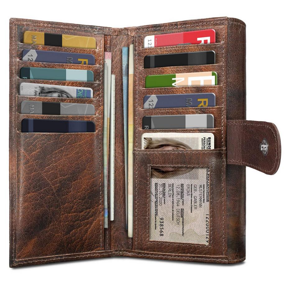 Only-bags.store Vintage Leder Geldbörse Geldbörse groß mit vielen Fächern RFID Blocker  