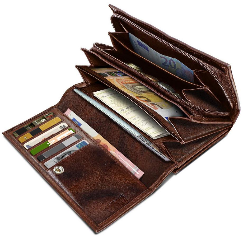 Only-bags.store Vintage Leder Geldbörse Geldbörse groß mit vielen Fächern RFID Blocker  
