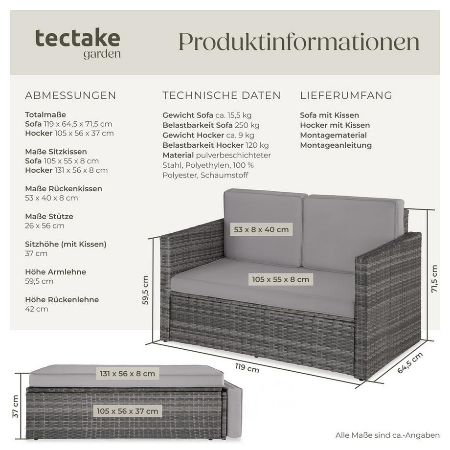 Tectake Rattan Lounge Set, Outdoor Sofa UV-beständig, robustes Gestell, hochwertiges Geflecht, wasserabweisende Kissen  