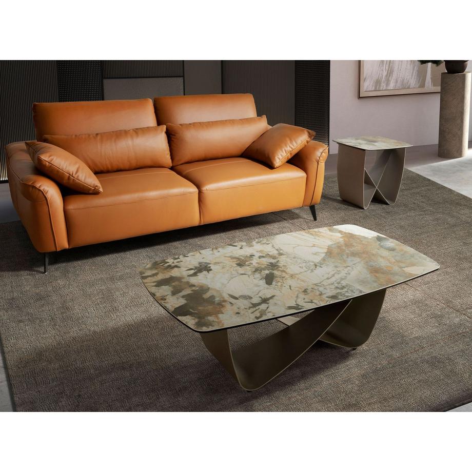 ANGEL CERDA Tavolino ovale a botte in marmo porcellanato e acciaio metallizzato taupe  