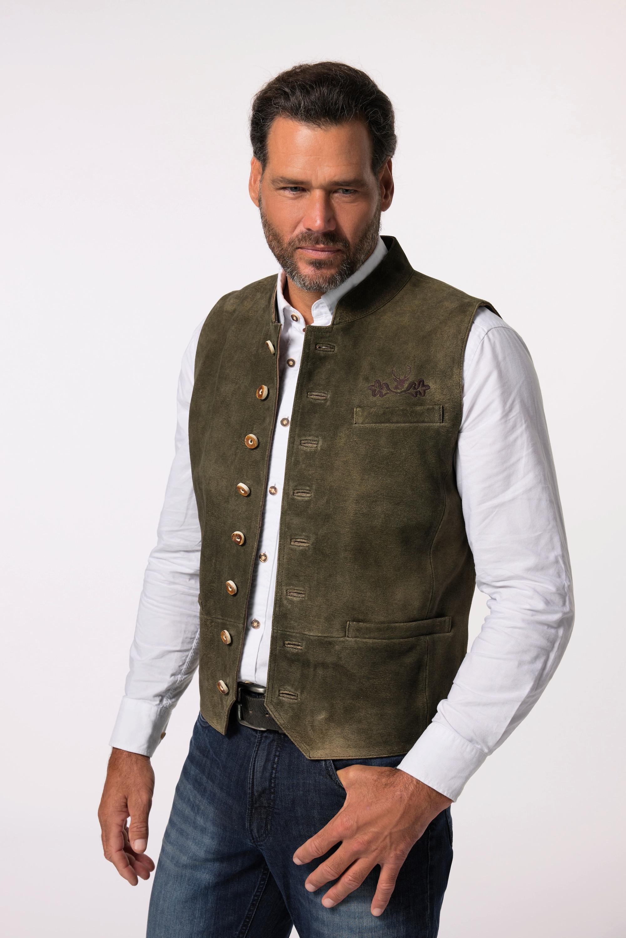 JP1880  Gilet traditionnel bavarois. Cuir suédé de chèvre, col montant 