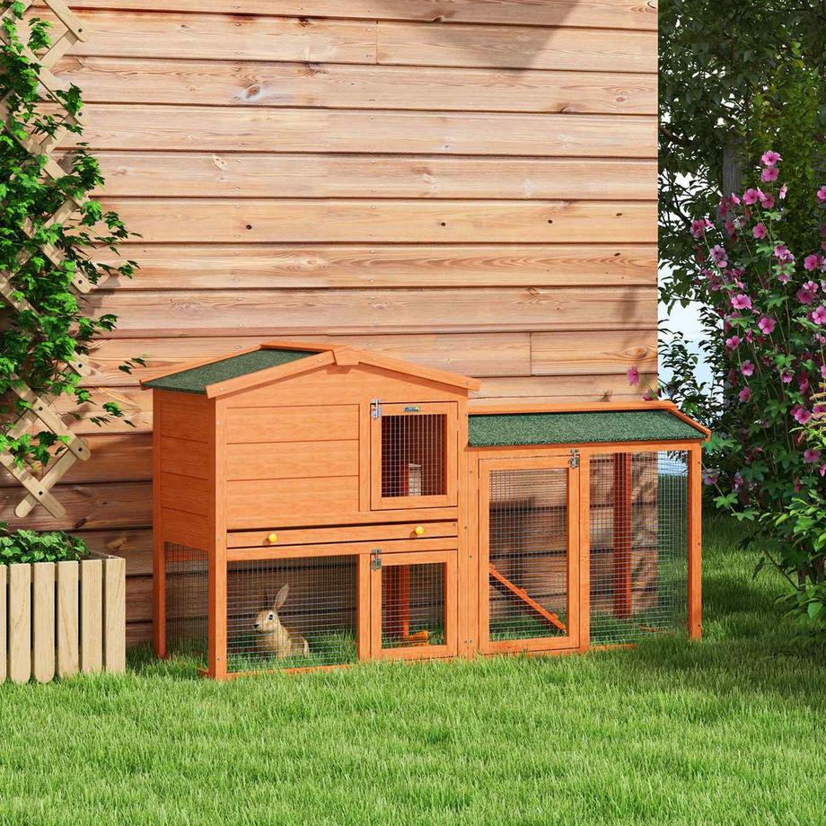 Northio  Clapier à lapin 2 niveaux, clapier en bois de sapin, résistant à l'hiver, maison à deux étages avec enclos extérieur, baignoire, rampe, 150 x 45 x 85 cm, cage à lapin, clapier extérieur pour petits animaux pour lapins, cobayes, orange Aosom 