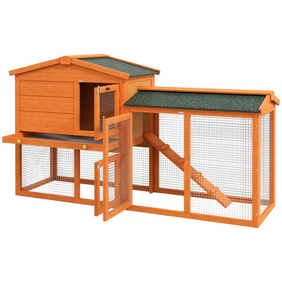 Northio  Clapier à lapin 2 niveaux, clapier en bois de sapin, résistant à l'hiver, maison à deux étages avec enclos extérieur, baignoire, rampe, 150 x 45 x 85 cm, cage à lapin, clapier extérieur pour petits animaux pour lapins, cobayes, orange Aosom 