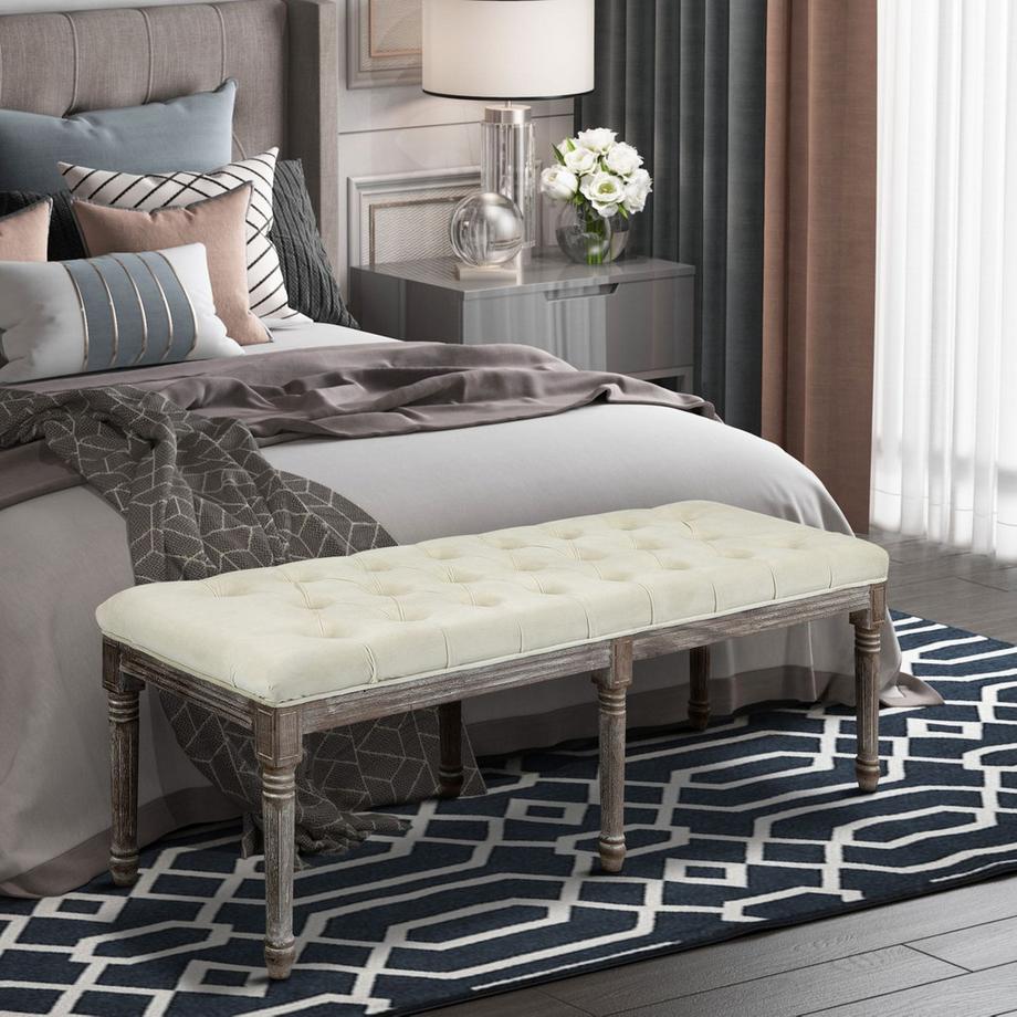 Northio Polsterbank Beige Vintage Bettbank Mit Knöpfen, Samtige Oberfläche, Gummiholz, 142X47X51Cm  