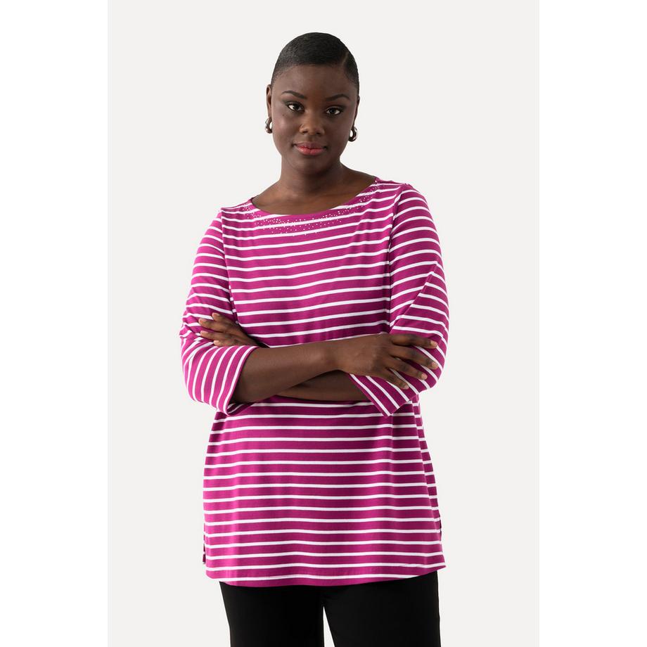 Ulla Popken Maglia a Righe Cotone Pima Scollo a Barca Maniche 3/4  