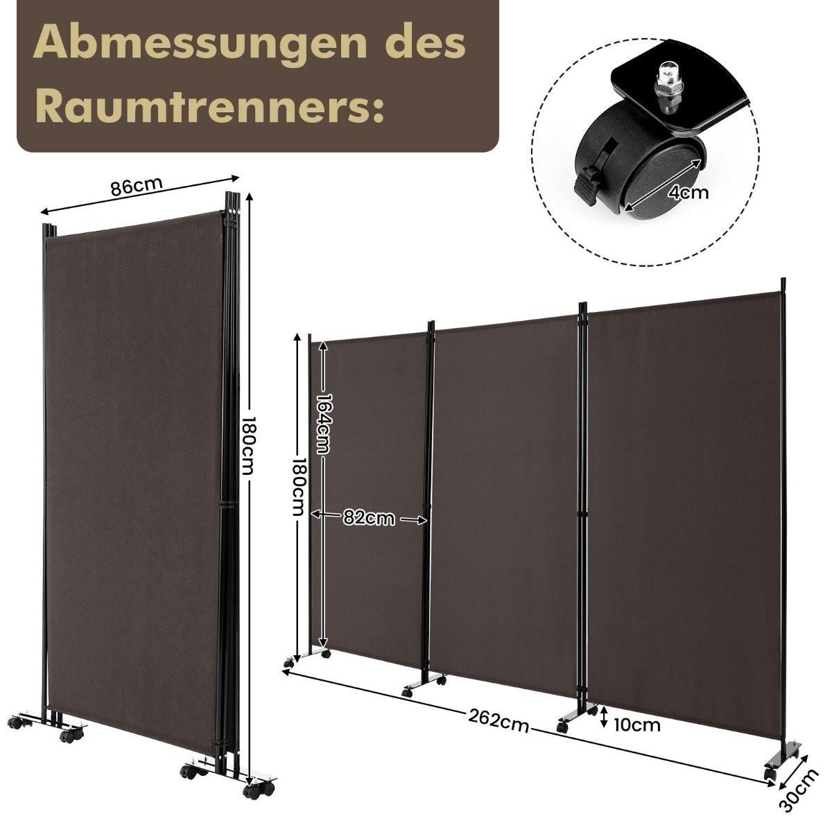B2X Paravent de 180 cm de hauteur sur roulettes, paravent avec 3 panneaux librement combinables, marron  