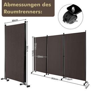B2X Paravent de 180 cm de hauteur sur roulettes, paravent avec 3 panneaux librement combinables, marron  