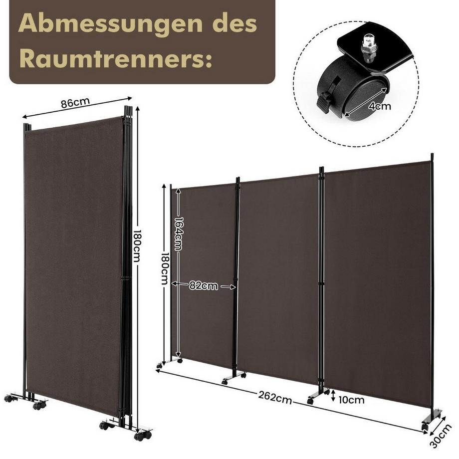 B2X 180 cm Hoher Raumteiler auf Rädern Klappbarer Paravent mit 3 frei Kombinierbaren Paneelen Braun  