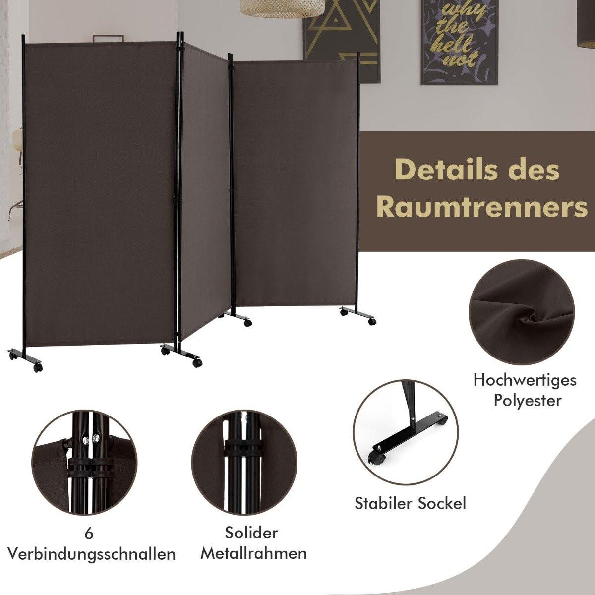 B2X Paravent de 180 cm de hauteur sur roulettes, paravent avec 3 panneaux librement combinables, marron  