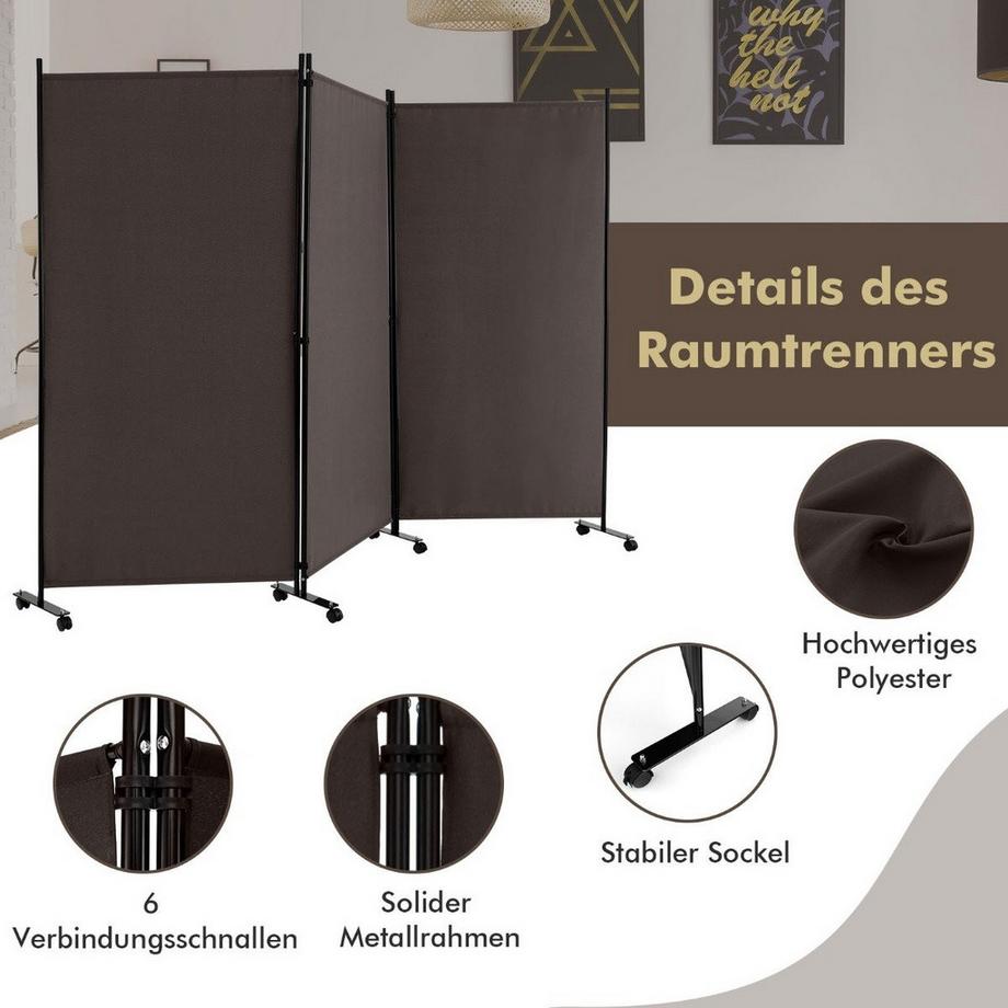 B2X 180 cm Hoher Raumteiler auf Rädern Klappbarer Paravent mit 3 frei Kombinierbaren Paneelen Braun  
