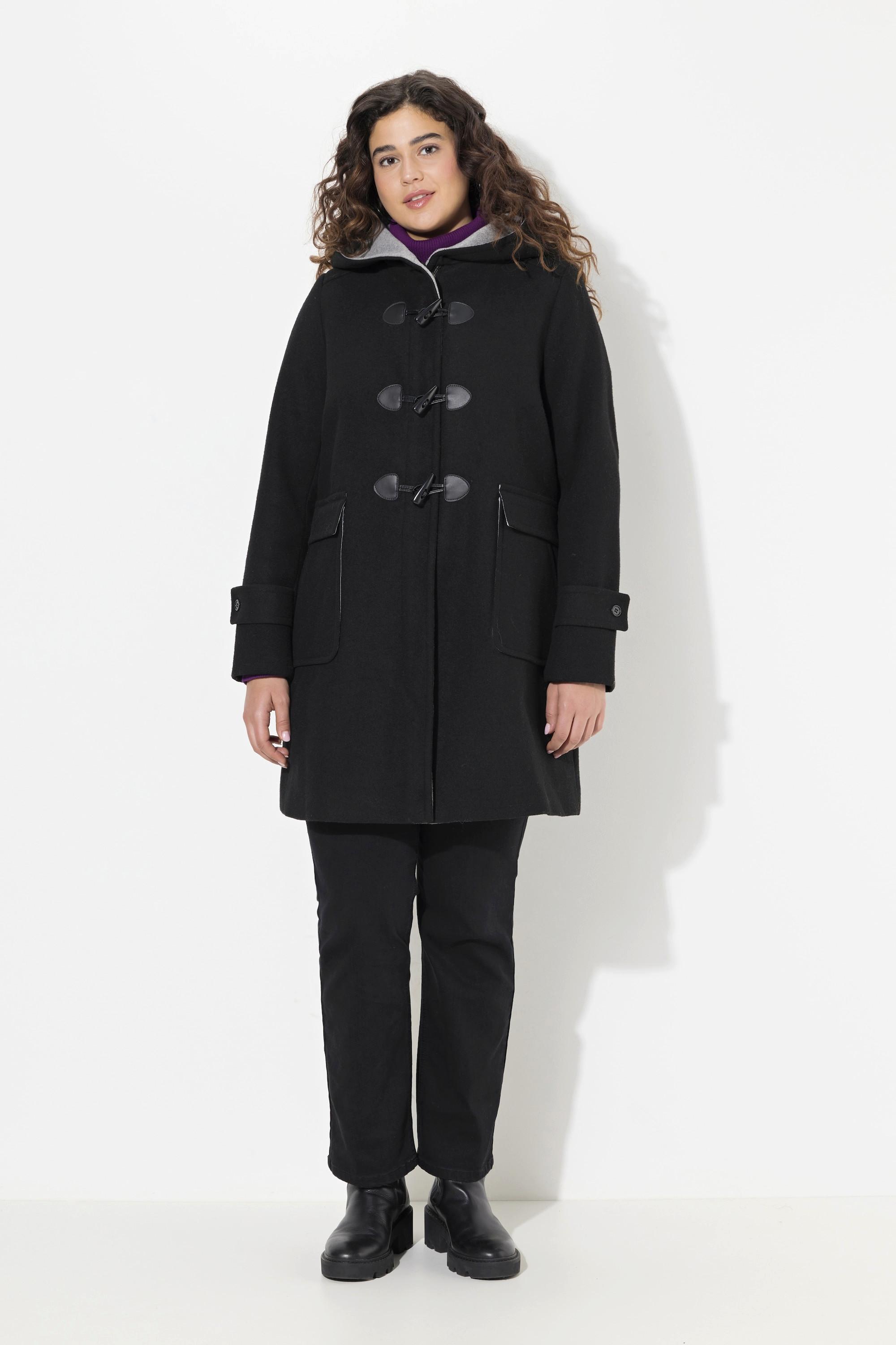 Ulla Popken  Duffle-coat en laine mélangée, silhouette en A avec capuche et boutons Brandebourg 