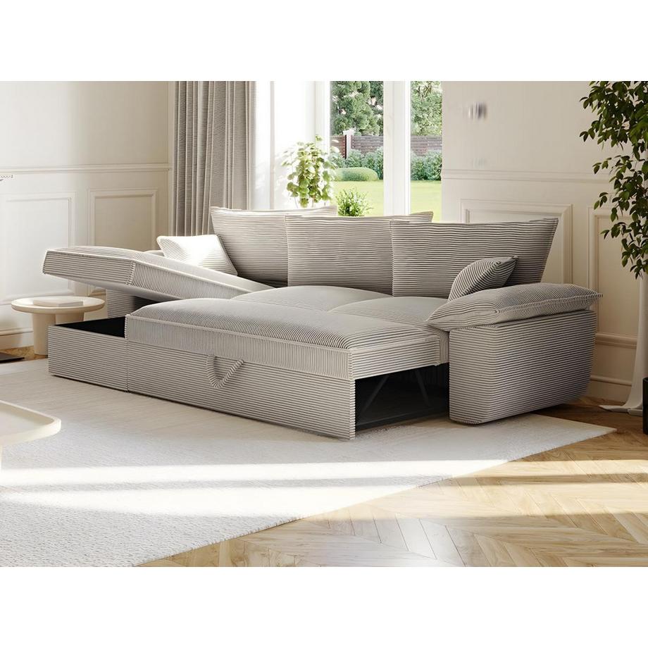 Vente-unique Ecksofa mit Schlaffunktion + Bettkasten - Ecke links - Cord - Hellgrau- GUILLERMO II  