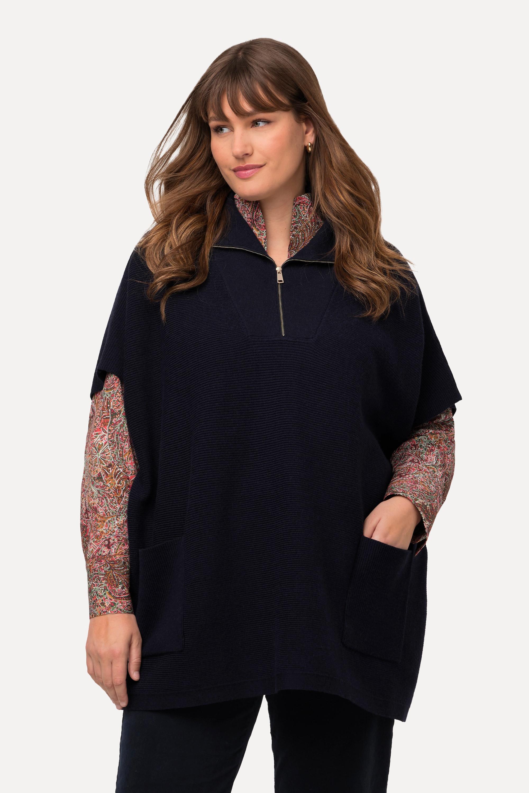 Ulla Popken  Poncho oversize à col camionneur et manches courtes, fermeture éclair 