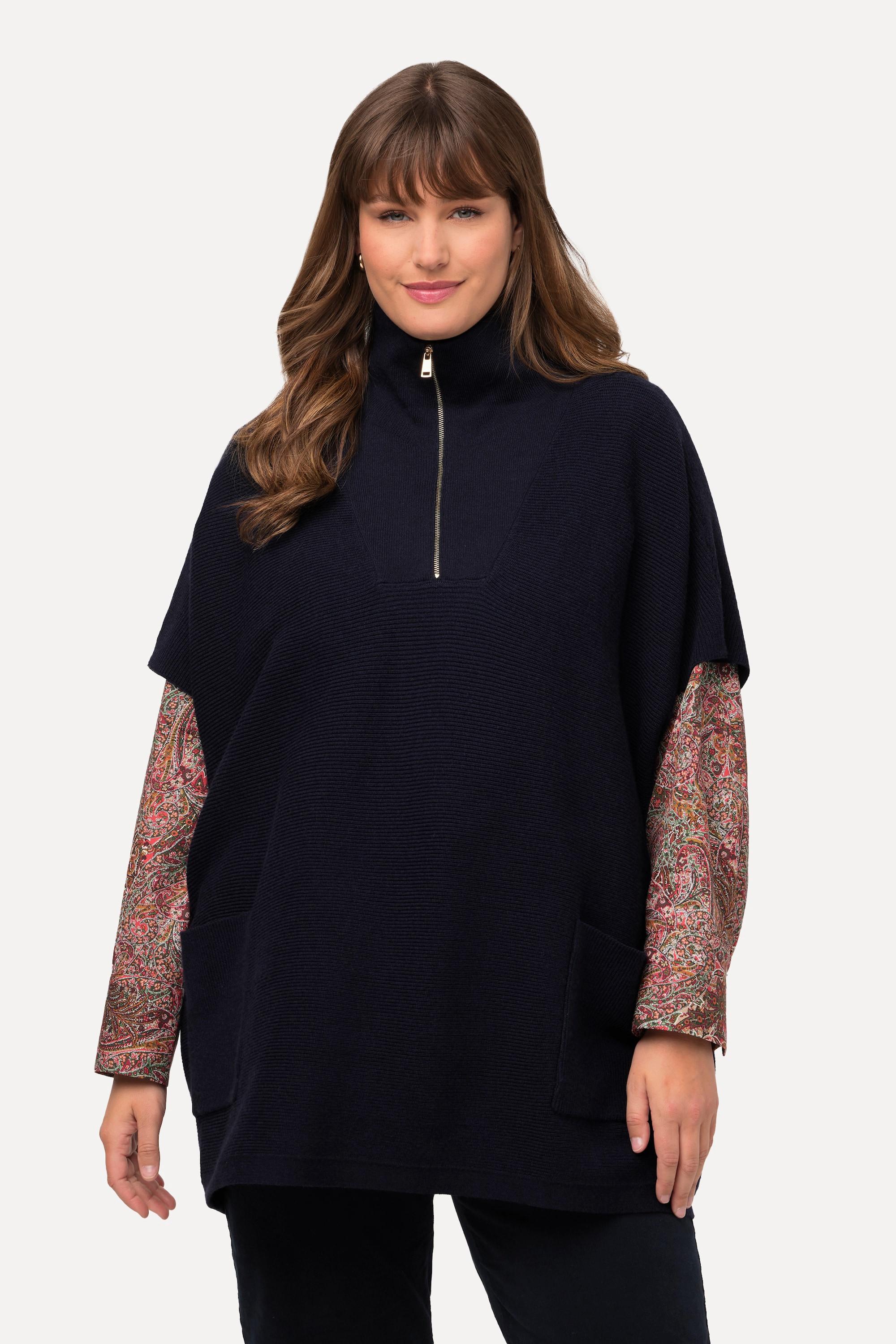 Ulla Popken  Poncho oversize à col camionneur et manches courtes, fermeture éclair 