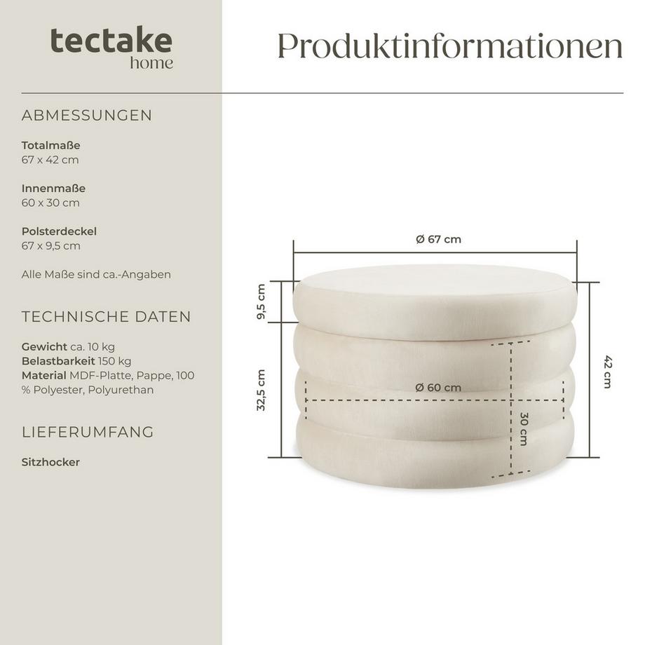 Tectake Sitzhocker mit Stauraum Altu XL rund Belastbarkeit 150 kg, bodenschonende Kunststoffkappen  