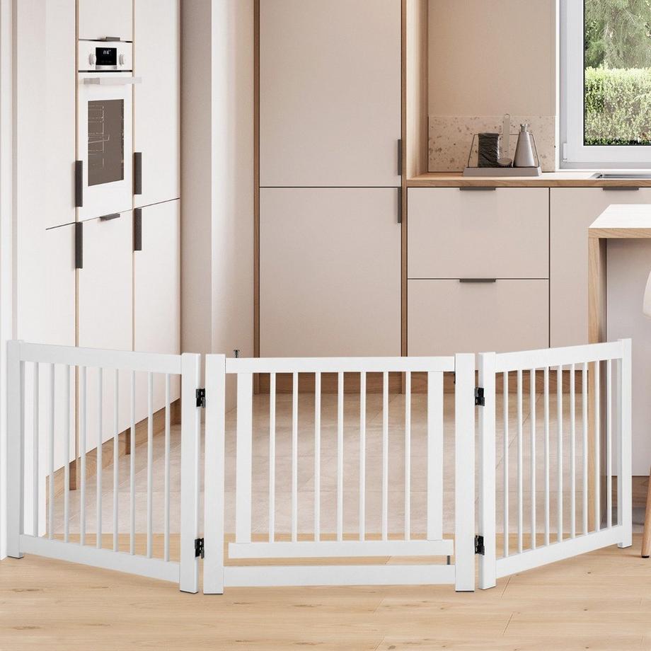 Northix  klappbar 3-teiliges Absperrgitter Hunde mit Tor aus Kiefernholz für Türen / Treppen 61cm hoch Weiß 