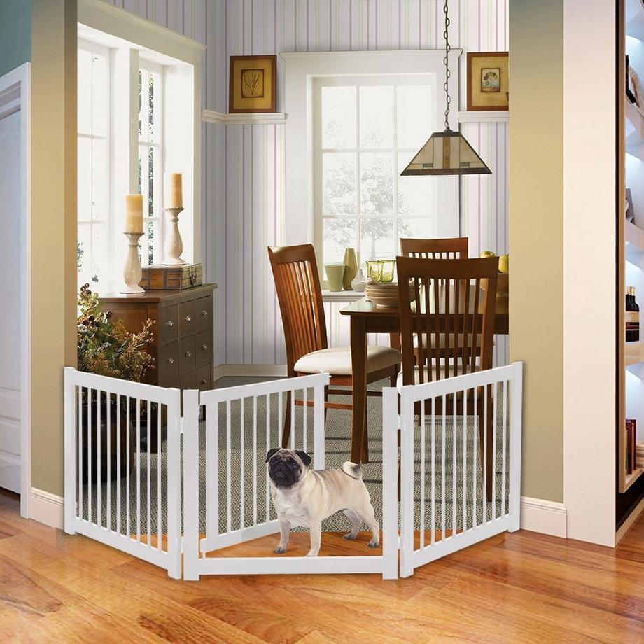 Northix  klappbar 3-teiliges Absperrgitter Hunde mit Tor aus Kiefernholz für Türen / Treppen 61cm hoch Weiß 