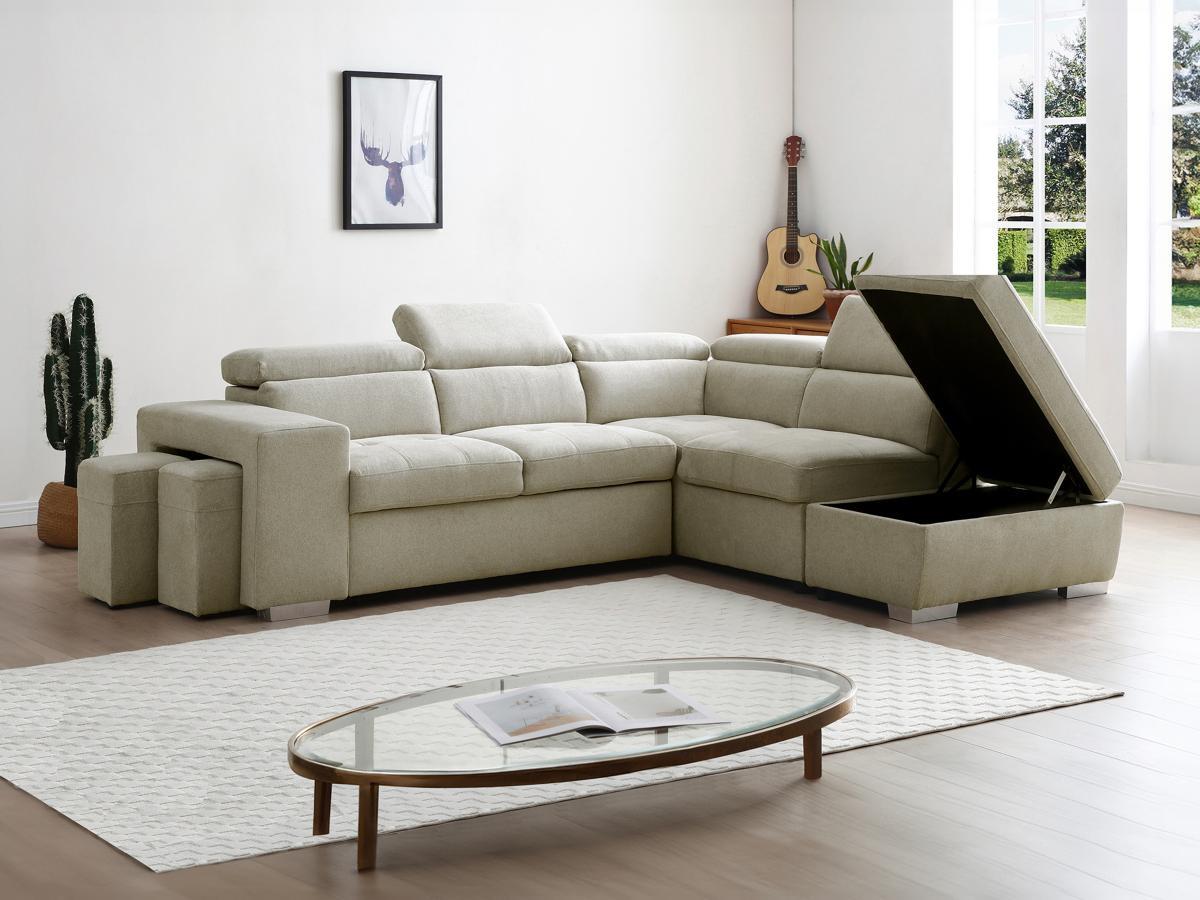 Vente-unique Divano letto in Tessuto Beige - Angolo a destra - MELICENA  