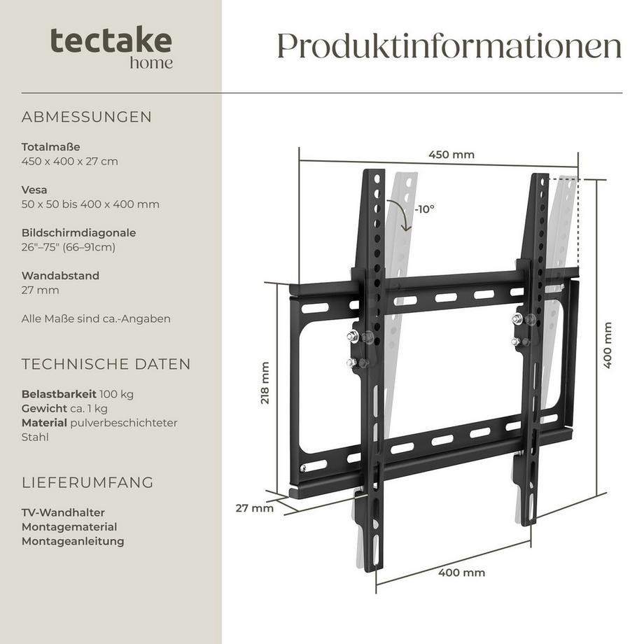 Tectake  TV Wandhalterung  für 26 - 75 Zoll (66 - 191 cm) max. VESA 400 x 400 