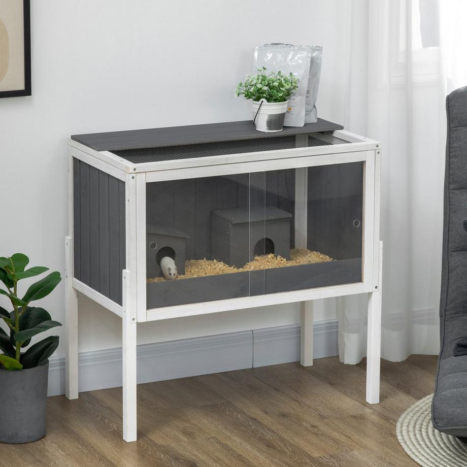 Northio  Hamsterkäfig aus Holz für Zwerghamster Nagerkäfig Kleintierkäfig mit 2 Hütten und Zubehör, groß Mäusekäfig Käfig 82 x 45 x 81 cm Grau 