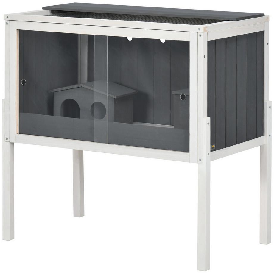 Northio  Hamsterkäfig aus Holz für Zwerghamster Nagerkäfig Kleintierkäfig mit 2 Hütten und Zubehör, groß Mäusekäfig Käfig 82 x 45 x 81 cm Grau 