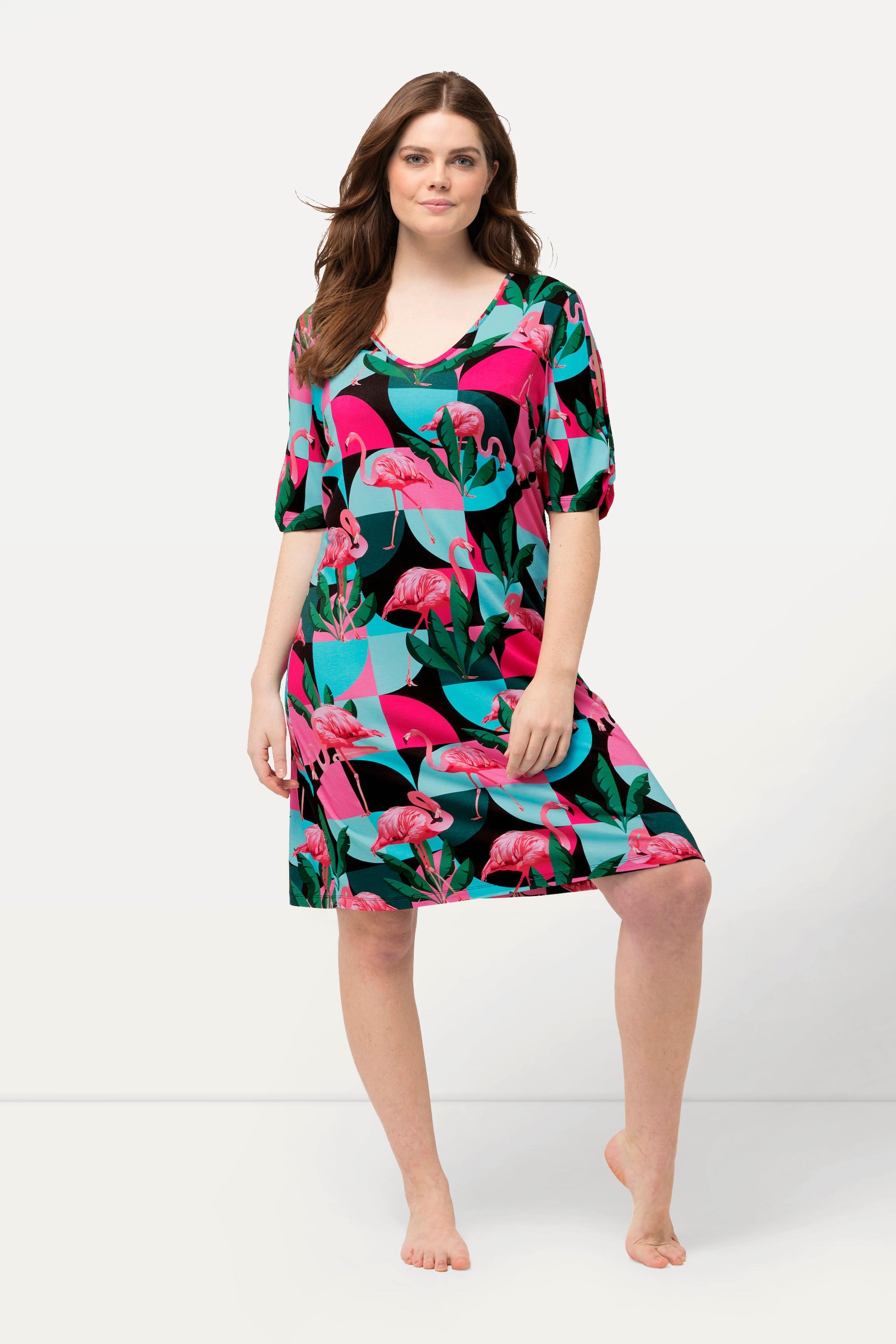 Ulla Popken  Jerseykleid, Flamingos, A-Linie, V-Ausschnitt, Halbarm 