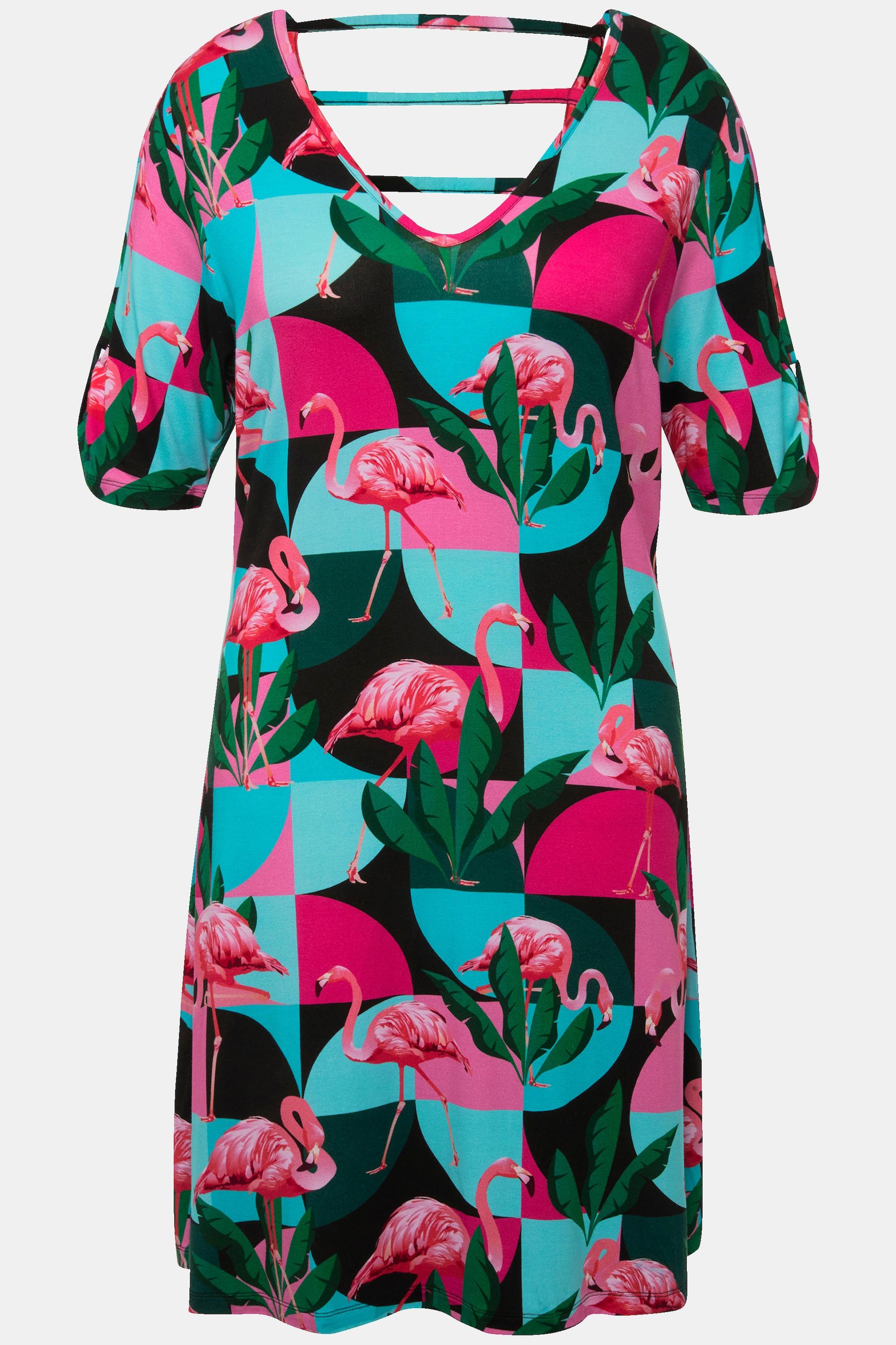 Ulla Popken  Jerseykleid, Flamingos, A-Linie, V-Ausschnitt, Halbarm 