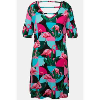 Ulla Popken  Jerseykleid, Flamingos, A-Linie, V-Ausschnitt, Halbarm 