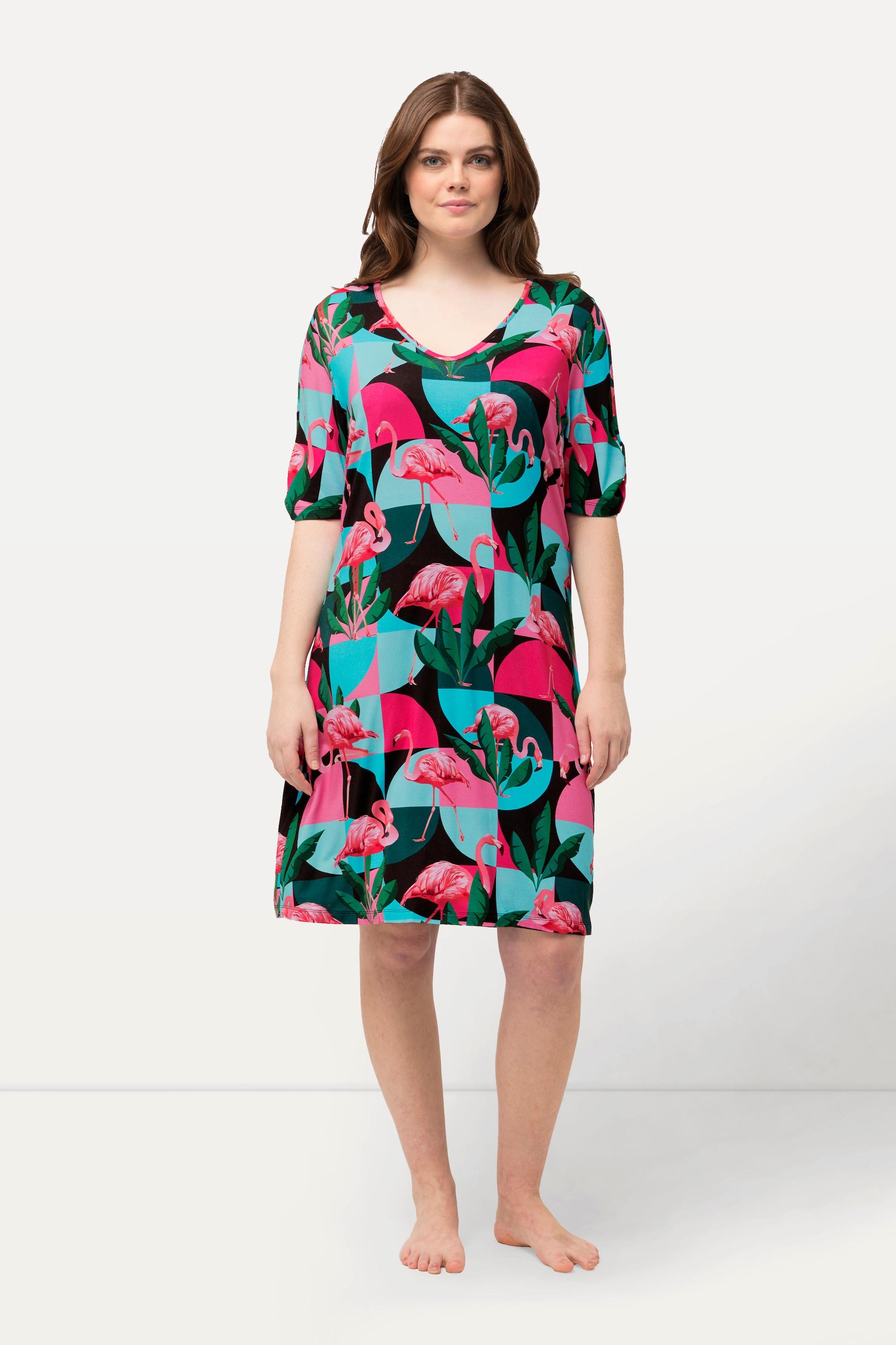 Ulla Popken  Jerseykleid, Flamingos, A-Linie, V-Ausschnitt, Halbarm 