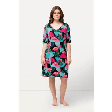 Jerseykleid, Flamingos, A-Linie, V-Ausschnitt, Halbarm