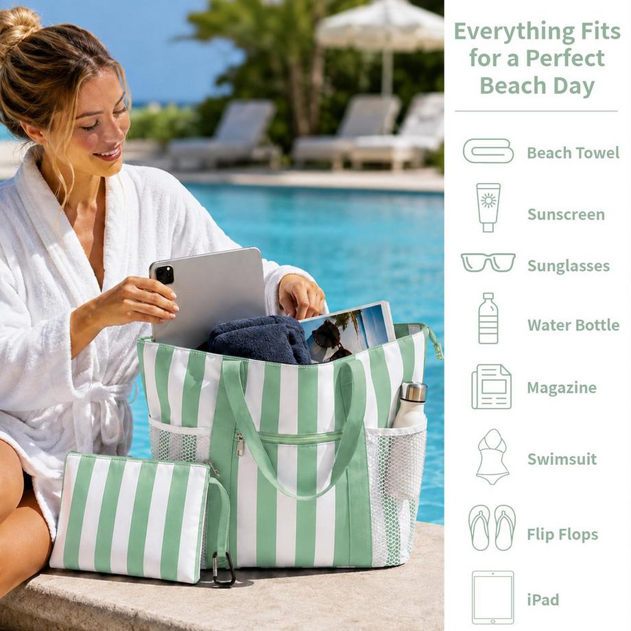 Only-bags.store Große Strandtasche mit 5 Fächern und wasserdichtem Nassfach  
