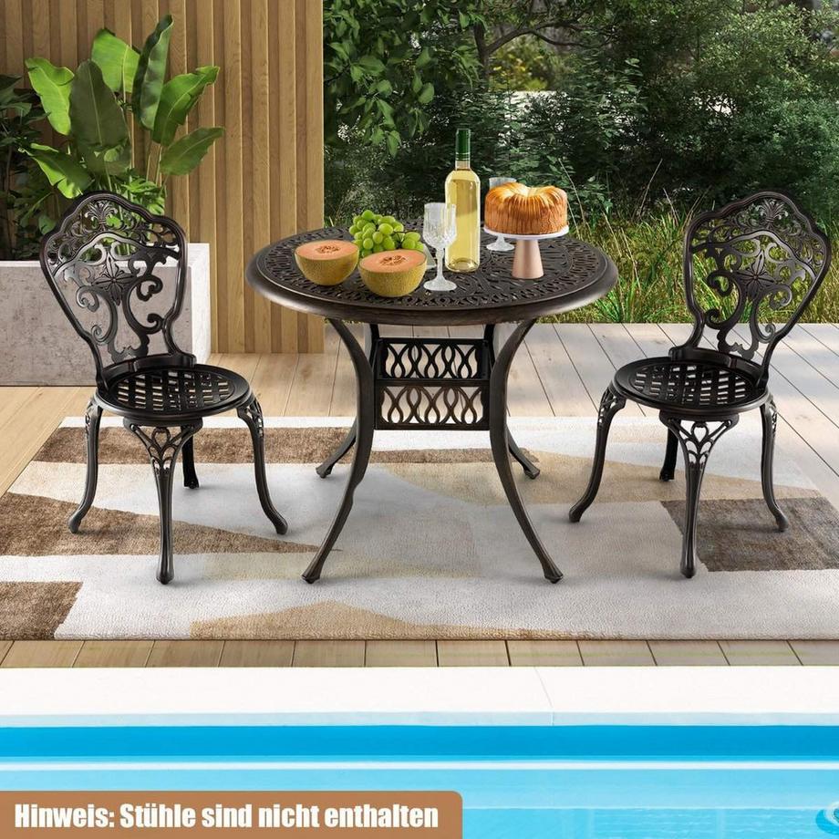 Northix Tavolo da pranzo rotondo da patio, tavolo da bistrot in alluminio pressofuso con foro per ombrellone Ø90 x 74 cm marrone  