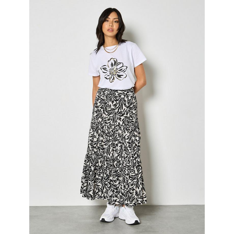 APRICOT Jupe Midi Imprimé Feuilles et Volants  
