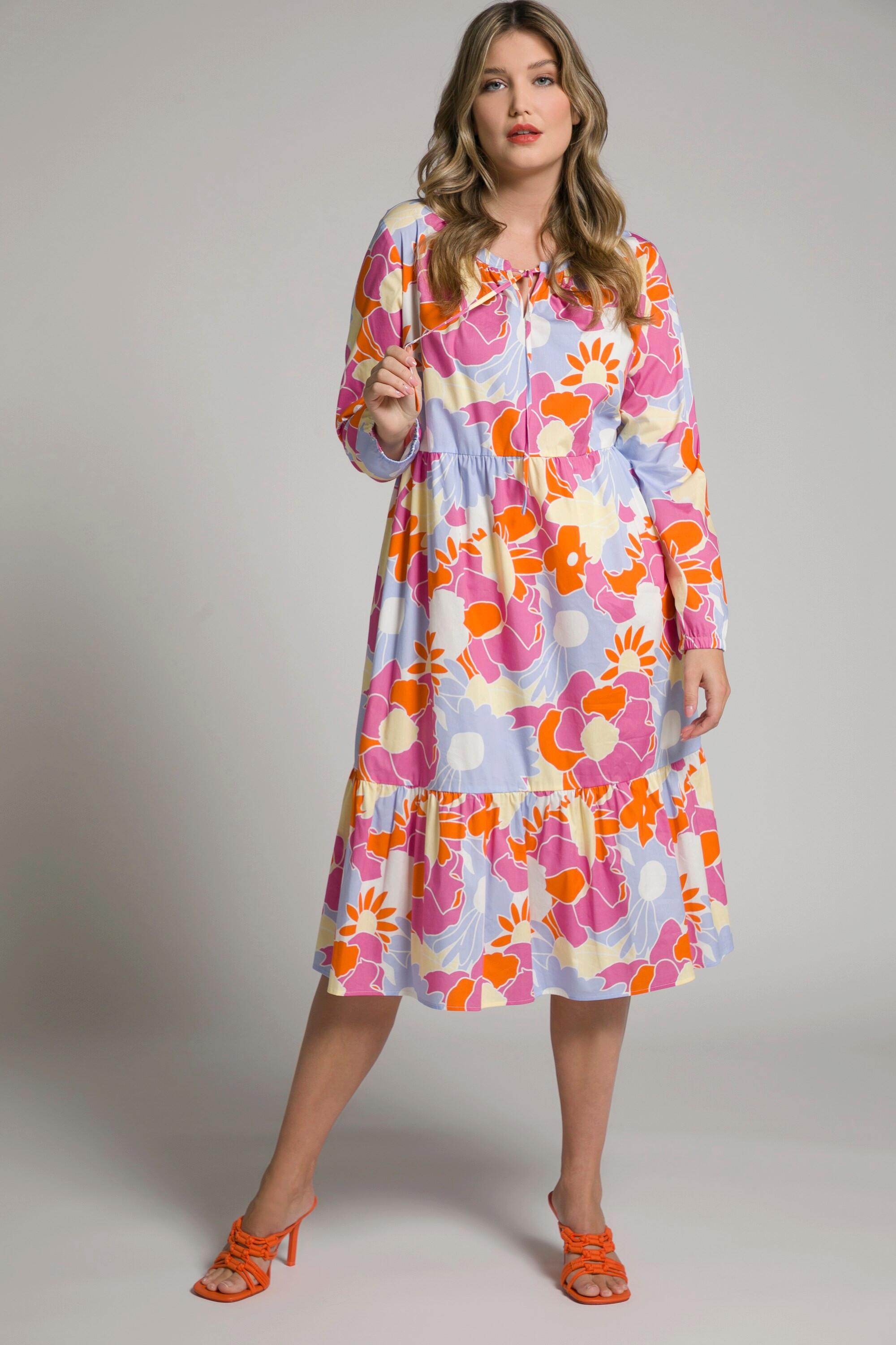 Ulla Popken  Abito midi con fiori vintage, scollo a tunica e maniche lunghe 