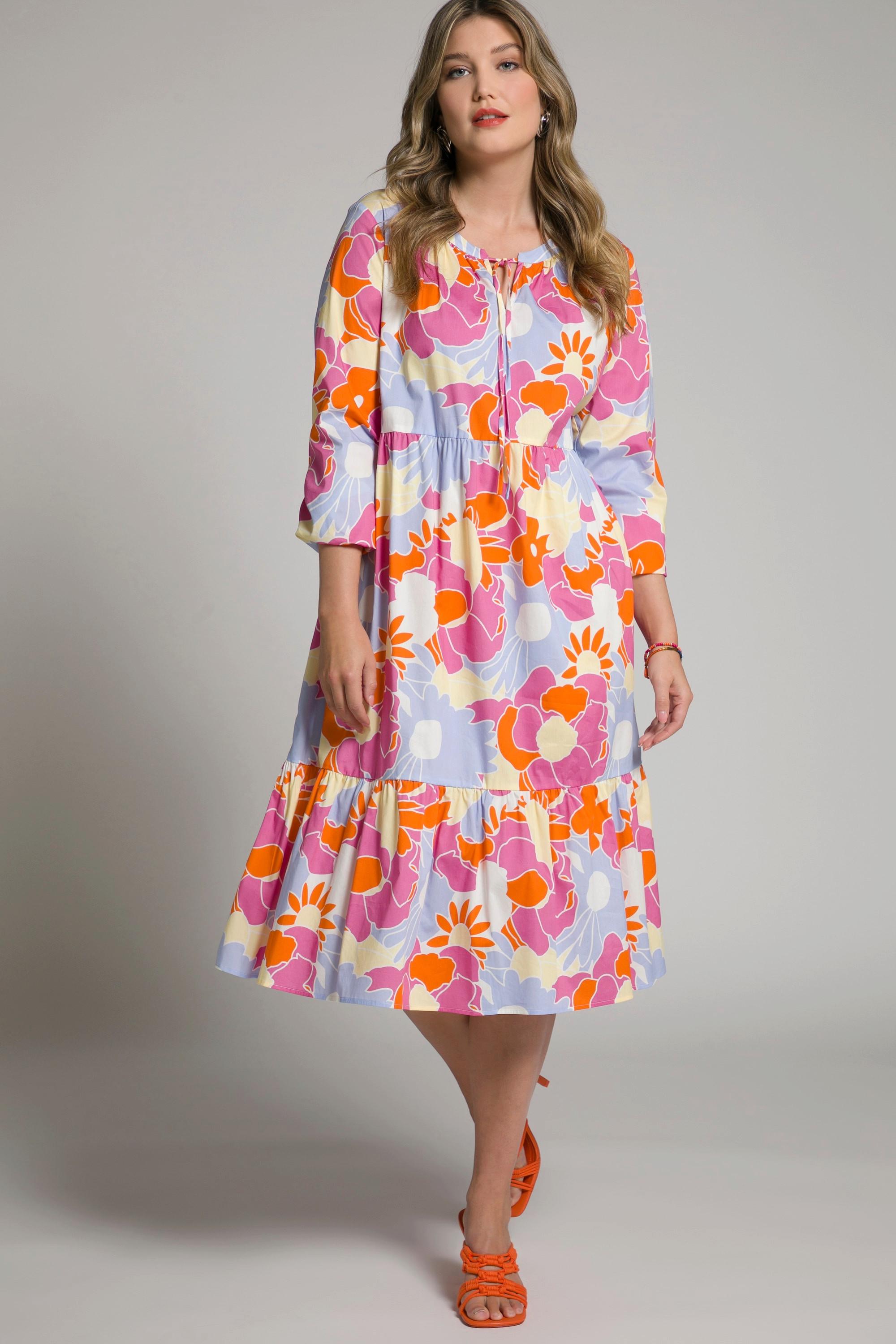 Ulla Popken  Abito midi con fiori vintage, scollo a tunica e maniche lunghe 