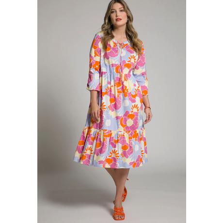 Ulla Popken  Robe midi, fleurs vintage, encolure tunisienne, manches longues 