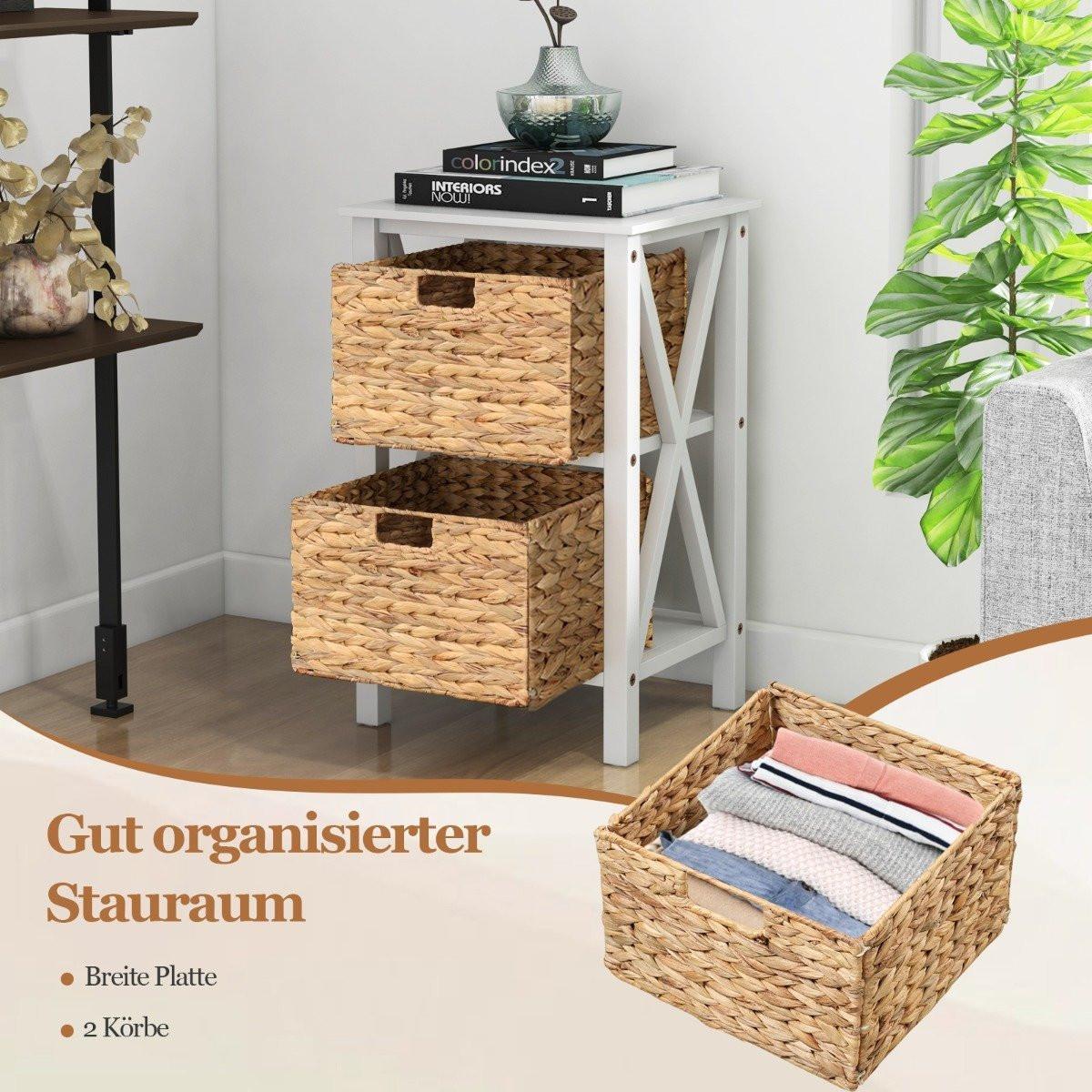 Northix Table de chevet à 3 niveaux avec 2 paniers en jonc de mer et table d'appoint étroite X-Design 36 x 30 x 57 cm blanc  