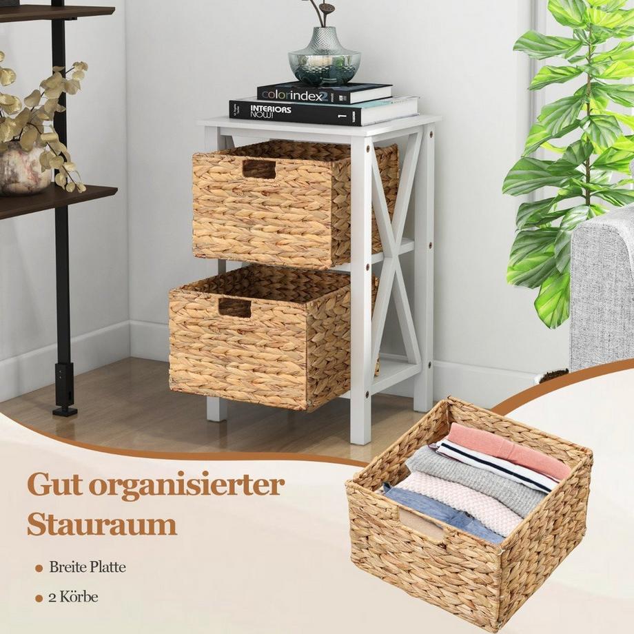 Northix Comodino a 3 livelli con 2 cestini in alga marina e tavolino stretto X-Design 36 x 30 x 57 cm bianco  