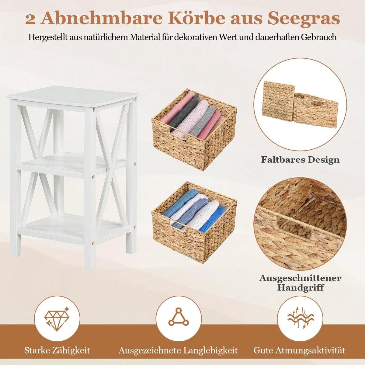 Northix Table de chevet à 3 niveaux avec 2 paniers en jonc de mer et table d'appoint étroite X-Design 36 x 30 x 57 cm blanc  