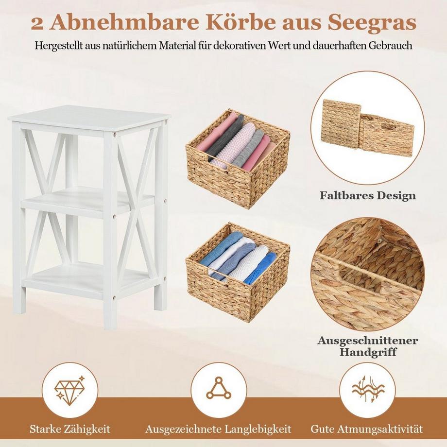 Northix Comodino a 3 livelli con 2 cestini in alga marina e tavolino stretto X-Design 36 x 30 x 57 cm bianco  