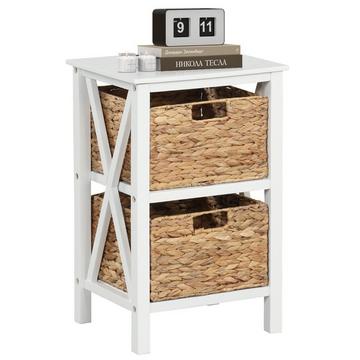 Comodino a 3 livelli con 2 cestini in alga marina e tavolino stretto X-Design 36 x 30 x 57 cm bianco