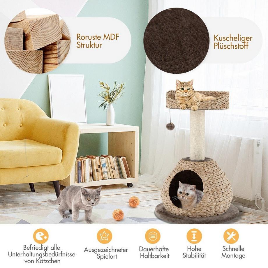 Northix  Petit arbre à chat avec grotte & sisal naturel & panier fait main φ 48 x 70,5 cm 