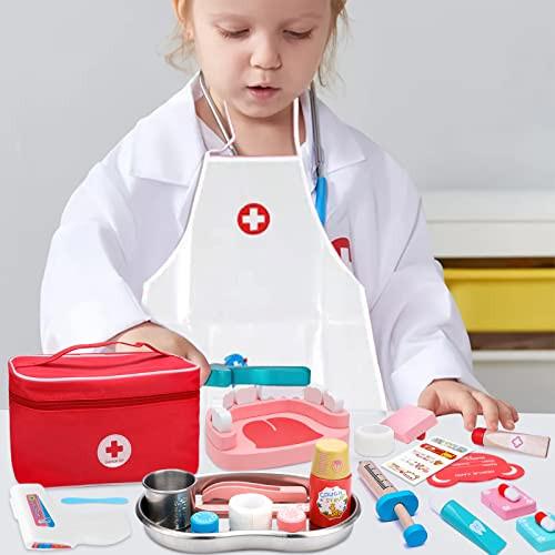 Activity-board  Mallette de médecin jeu en bois pour enfants avec stéthoscope, thermomètre, boîte à outils de dentiste, sacoche de médecin pour enfants mallette de médecin 